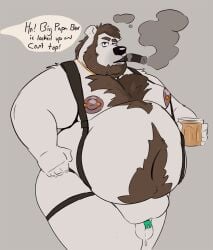 alcohol anthro bear beverage bodily_fluids body_hair chastity_cage chastity_device chest_hair chest_tuft cigar dripping fatpad genital_fluids male mammal nipple_piercing nipples overweight overweight_anthro overweight_male piercing precum precum_drip solo tcw_(artist) tcw_(character) tuft