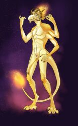 anthro claws dragon fingers fire hair hi_res horn magic male mordorinka multi_arm multi_limb multi_pec nude original_character scalie solo space