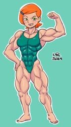 1girls abs ben_10 big_muscles eight_pack flexing green_eyes gwen_tennyson muscular muscular_arms muscular_female muscular_legs one_piece_swimsuit orange_hair samson_00 six_pack solo solo_female solo_focus