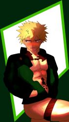 abs blonde_hair blush body_tape coat katsuki_bakugou looking_at_viewer male_focus male_only muscles muscular muscular_male my_hero_academia pecs pose red_eyes shirtless shirtless_(male) shirtless_male solo_male tape xvdjavx