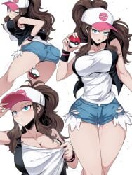 1girls 2021 alluring anime annoyed annoyed_expression armpits ass ass_focus back_view behind_view big_ass big_boobs big_breasts blank_expression blue_bottomwear blue_eyes blush breasts brown_hair cap collarbone denim_shorts embarrassed exposed_pockets female front_view hand_on_hip heroine hilda_(pokemon) huge_breasts human kneepit large_breasts legs_together light-skinned_female light_skin logo_on_headwear long_hair looking_annoyed looking_at_viewer looking_back looking_up manga mixed_emotions pokeball pokemon pokemon_bw ponytail rear_view shiny_hair shiny_skin shirt_pull shorts snapback solo suzusiigasuki sweat sweating sweaty tagme teenage_girl teenager thick_thighs thighs tomboy two_tone_headwear two_tone_headwear_(pinkandwhite) two_tone_wrist_warmers two_tone_wrist_warmers_(blackandpink) video_game viewed_from_behind white_background