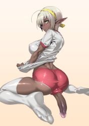 1futa back back_view balls ballsack big_ass black_elf black_skin bloomers breasts clothed clothed_futanari clothing cock cock-tail dark-skinned_dickgirl dark-skinned_futanari dark_elf dark_skin dick dickgirl elf elf_ears elf_futa elf_futanari erection futa_only futanari highres humanoid humanoid_penis kneeling looking_back mostly_clothed open_mouth penis penis_in_shorts short_hair short_shorts shorts solo solo_futa solo_futanari stockings thighhighs thighs tomoyuki_kotani uncensored voluptuous voluptuous_body voluptuous_futanari white_background white_hair yellow_eyes