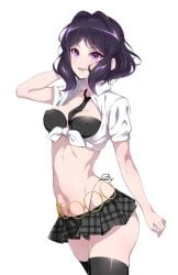 bikini black_bikini black_hair blush breasts cleavage covered_nipples female highres kohinata_miku kurihara_kenshirou looking_at_viewer medium_breasts navel photoshop_(medium) possessed purple_eyes ringed_eyes senki_zesshou_symphogear shem-ha shiny_hair shiny_skin short_hair side-tie_bikini_bottom simple_background skirt smile solo standing stomach swimsuit white_background