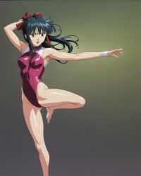 1girls 90-nendai_suki_ojisan arm_behind_head armpits blue_hair bow breasts brown_eyes clothing covered_navel feet female female_only hair_ribbon leg_lift legs leotard looking_at_viewer medium_breasts open_mouth ponytail sakura_shinguji sakura_taisen sakura_wars sega solo thighs