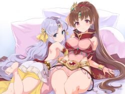 2girls alternate_costume ass backless_dress backless_outfit bare_shoulders barefoot bed belt blue_eyes breasts brown_hair circlet cleavage dress earrings female female_only fire_emblem fire_emblem:_mystery_of_the_emblem fire_emblem:_thracia_776 fire_emblem_heroes hair_ornament highres jewelry large_breasts light_purple_hair linde_(fire_emblem) linde_(khadein)_(fire_emblem) long_hair looking_at_viewer looking_back lying multiple_girls nintendo official_alternate_costume on_stomach pera_pera pillow ponytail red_eyes sara_(fire_emblem) sara_(khadein)_(fire_emblem) sideboob small_breasts smile thighs