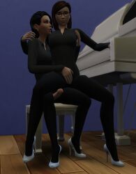 2girls clothed female female_only high_heels multiple_girls rubbing strapless_dildo the_sims_4 tights yuri