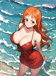 1girls ai_generated alternate_costume amiral_ai bare_shoulders beach big_breasts blush braless breasts brown_eyes cleavage clothing collarbone curvy dress female female_focus female_only highres hips human large_breasts long_hair looking_at_viewer looking_up miniskirt nai_diffusion nami nami_(one_piece) no_bra one_piece orange_hair pinup post-timeskip sand shiny_skin sideboob skindentation smile solo solo_female stable_diffusion thighs voluptuous water watermark wet