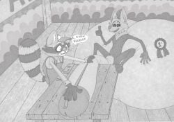 2022 anthro balls big_balls big_penis canid canine carnival_(disambiguation) clothing duo farmer fox genitals gesture greyscale hi_res huge_balls huge_cock hyper hyper_balls hyper_genitalia hyper_penis judging lobster_(artist) male male/male mammal maxwell_(lobster) measuring measuring_penis metrothefox monochrome overalls penis penis_on_table procyonid public public_nudity raccoon silhouette sitting_on_balls stage state_fair thumbs_up voyeur