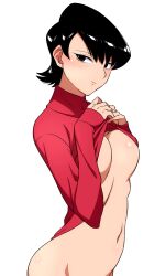 1girls 2023 adult adult_female big_breasts black_eyes black_hair blush breasts hidden_curves komi-san_wa_komyushou_desu komi_shuuko lifted_by_self light-skinned_female light_skin long_sleeves looking_at_viewer mature mature_female medium_breasts milf no_bra presenting presenting_breasts realistic_breast_size shirt_lift short_hair sideboob simple_background solo tesu underboob white_background