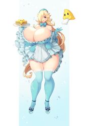 1girls 2023 bimbo blonde_hair blue_eyes breasts cake cleavage dress female female_only hi_res high_heels huge_breasts long_hair luma mario_(series) nintendo princess_rosalina solo star super_mario_galaxy thick_thighs thighhighs tundromaiden waitress wide_hips