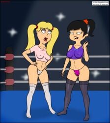 2girls aged_up akiko_yoshida american_dad angry_face arena asian asian_female between_labia blonde_hair boxing_ring cameltoe cindi_(family_guy) crossover erect_nipples family_guy female/female female_only innie_pussy japanese multiple_girls nipples_visible_through_clothing panties sexfight sexfightfun shirt stockings wrestling yuri