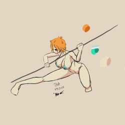 action_pose ass_cleavage big_breasts bikini butt_crack female female_only huge_breasts large_breasts nami one_piece orange_hair pre-timeskip red_hair short_hair small_bikini solo_female staff striped_bikini thumbmyass_(artist) tiny_bikini