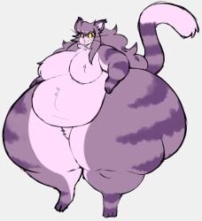 anthro atsuinekowo belly big_ass big_belly big_breasts big_butt biped breast_tuft breasts bubble_butt butt crotch_tuft digitigrade dipstick_tail domestic_cat fat_arms fat_knees featureless_breasts felid feline felis female fluffy fluffy_hair full-length_portrait fur furry furry_only grey_background grey_body grey_fur grey_hair hair hand_on_hip hi_res highlights_(coloring) huge_ass huge_butt huge_hips huge_thighs hyper hyper_ass hyper_butt hyper_hips hyper_thighs long_hair looking_at_viewer mammal markings multicolored_body multicolored_fur multicolored_tail neck_tuft noelle_(atsuinekowo) nude obese obese_anthro obese_female overweight overweight_anthro overweight_female pear-shaped_figure portrait purple_body purple_fur raised_tail sharp_teeth simple_background smile solo standing striped_body striped_fur striped_markings striped_tail stripes tail tail_markings teeth thick_thighs three-quarter_view tuft whiskers white_body white_fur wide_hips yellow_sclera