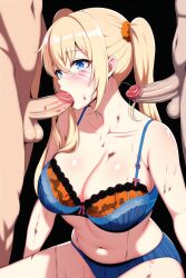 2boys ai_generated black_background blonde_hair blowjob blue_bra blue_eyes blue_panties fellatio female genderswap_(mtf) lace-trimmed_bra multiple_boys nai_diffusion naruko naruto naruto_shippuden orange_bra rubycks rule_63 sexy_no_jutsu stable_diffusion twintails uzumaki_naruto wet_skin