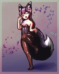 absurdres animal_ear_fluff animal_ears arm_tattoo bare_shoulders black_leotard breasts commission female fishnets floofsmear flower fluffy fox_ears fox_girl fox_tail full_body hair_flower hair_ornament highres leg_up leotard long_hair looking_at_viewer nipples one_eye_closed original purple_eyes purple_hair simple_background small_breasts smug standing standing_on_one_leg tail tattoo v