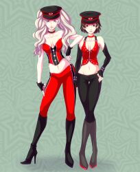 2girls ann_takamaki black_hair black_pants blonde_hair blue_eyes breasts choker cleopatrawolf corset earrings fingerless_gloves gloves hat high_heels looking_at_viewer makoto_niijima medium_breasts midriff navel painted_fingernails pants persona persona_5 persona_5:_dancing_star_night red_corset red_eyes red_pants short_hair twintails