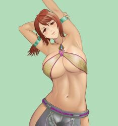 1girls armlet armpits arms_up big_breasts brazilian brazilian_female breasts brown_eyes brown_hair christie_monteiro cleavage female female_only green_background halterneck hip_vent instagram long_hair namco navel ponytail shiyukidraws simple_background smile solo stretching tekken tekken_4 tekken_5_dark_resurrection tekken_tag_tournament_2 upper_body