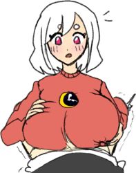 1boy 1girls big_breasts blush breasts color cum cum_through_clothes female male male/female moonatic moonie_(moonatic) paizuri paizuri_under_clothes red_eyes short_hair surprised white_hair