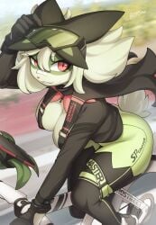 1girls anthro big_breasts bike cat_humanoid catgirl feline furry game_freak goggles goggles_on_head green_fur mask maskless_meowscarada meowscarada nintendo nipple_bulge nipples_visible_through_clothing pokémon_(species) pokemon pokemon_sv red_eyes tail tail_tuft zinfyu