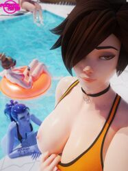 3d 4girls 4th_rate big_breasts breasts closed_mouth d.va exhibitionism female female_focus female_only legs mouth_closed nipples one_breast_out overwatch self_shot selfie tracer widowmaker yellow_eyes