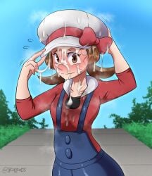 1girls blush breasts brown_hair clothed_female cum cum_in_hat cum_in_headwear cum_on_breasts cum_on_face cum_on_hair cum_wearing dripping_cum embarrassed eye_contact female female_only fully_clothed hat lech_lewds looking_at_viewer lyra_(pokemon) nintendo pokemon pokemon_hgss short_hair solo steam