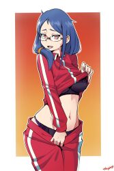 1girls blue_hair female_focus female_only glasses imminent_sex little_witch_academia medium_breasts milf nervous older_female pale-skinned_female ponytail red_eyes solo solo_female sweat teacher track_suit underwear undressing ursula_callistis woogleboy