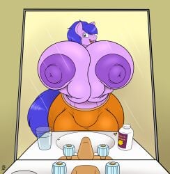 1futa absurd_res anthro areola badgerben balls balls_outline big_balls big_breasts blue_eyes blue_hair bottle bottomwear breasts bulge character_request clothed clothing container cup earth_pony equid equine friendship_is_magic fully_sheathed futanari genital_outline genitals glass glass_container glass_cup gynomorph hair hand_on_breast hasbro hi_res holding_breast horse huge_balls huge_breasts hyper hyper_breasts intersex looking_at_viewer mammal mirror my_little_pony nipples open_mouth original original_character pants penis pony purple_areola purple_body purple_nipples sheath sheath_outline sink solo topless water