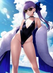 ai_generated bare_shoulders beach blue_ribbon cleavage coat fate/extra_ccc fate/grand_order fate_(series) female hips long_hair meltlilith meltryllis meltryllis_(fate) meltryllis_(swimsuit_lancer)_(fate) nai_diffusion sea small_breasts smile smug solo stable_diffusion sunglasses swimsuit taking_clothes_off thighs tinted_eyewear water wide_hips