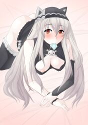 aria_(omega_quintet) ass bare_ass bed bed_sheet bedroom black_dress blush bottomless condom condom_in_mouth down_blouse frills hat holding_condom_in_mouth horny imminent_sex indoors long_hair looking_at_viewer medium_breasts omega_quintet on_bed ready_for_sex ready_to_fuck red_eyes seductive_look single_elbow_glove single_thighhigh skull_and_crossbones teenager twintails white_hair