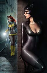 2girls barbara_gordon batgirl batman_(series) big_breasts breasts cape catwoman cleavage curvy curvy_female curvy_figure dc dc_comics female female_only light-skinned_female nathan_szerdy red_hair selina_kyle superheroine tight_clothing villain villainess