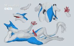 anthro blue_body blue_fur chains chastity_cage chastity_device claws ericherilan fur genitals hi_res looking_at_viewer lying male manoslore nude on_front open_mouth pawpads penis sergal solo tail white_body white_fur yellow_eyes