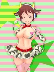 areola_slip areolae brown_eyes brown_hair cow_horns cow_print female fuck_my_ass headphones headset heart_censor huge_breasts idolmaster idolmaster_cinderella_girls miniskirt pink_thighhighs shizuku_oikawa short_hair solo striped_background thighhighs wink