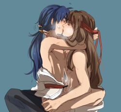 bandana blue_background blue_hair blush bottomless brown_hair censored chuuka_ichiban! gay japanese_clothes kissing lan_fei_hong liu_mao_xing long_hair long_hair_male male male_only mikura0319 penis pony yaoi