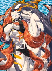 1girls 2017 abs bestiality bikini black_bikini cephalopod character_request liresline monster_girl octopodiform octopus orange_eyes red_sclera restrained scar sharp_teeth spread_legs tagme tentacle tentacles_under_clothes wet zoophilia