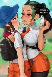 2girls 5_fingers alternate_version_available backpack bag big_breasts black_hair blush braids breasts brown_hair clothed_female clothing dark_skin english_text female female_only fingerless_gloves fully_clothed game_freak gloves half-closed_eyes headwear human jpeg juliana_(pokemon) loodncrood necktie nemona_(pokemon) nintendo pale_skin pokemon pokemon_sv ponytail shorts speech_bubble standing text the yuri