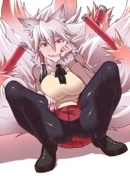 1girls 2016 animal_ears cameltoe dakini_(imawabi_no_dakini) fox_ears fox_tail grin imawabi_no_dakini liresline loafers looking_at_viewer mole mole_under_eye multiple_tails pantyhose red_eyes sharp_teeth skirt spread_legs squatting sweater tagme tail thighs tight_clothing upskirt white_hair