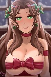 1girls alternate_costume alternate_hairstyle braid breasts brown_hair choker christmas ciderwrath completely_nude dorothea_arnault dorothea_arnault_(winter) earrings female female_only fire_emblem fire_emblem:_three_houses fire_emblem_heroes fire_emblem_warriors:_three_hopes gift green_eyes indoors large_breasts long_hair looking_at_viewer naked_choker naked_ribbon night nintendo nude nude_female official_alternate_costume official_alternate_hairstyle ribbon smile snow snowing solo window