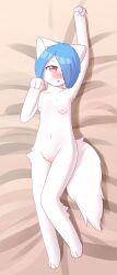 9:21 absurd_res anthro barefoot blue_hair blush feet felid feline female fur hair hi_res kemono lying mammal nude ranlunghsu red_eyes solo white_body white_fur