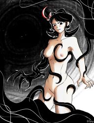 1girls black_background black_hair charlie_(don't_starve) dont_starve dont_starve_together medium_breasts nude tentacle uncomfortable white_skin