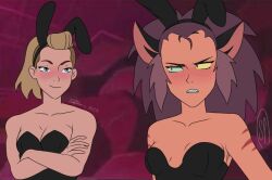 2023 2girls adora angry arms_crossed arms_crossed_under_breasts artist_name black_bunny_ears black_bunnysuit blonde_female blonde_hair blue_eyes blush brown_hair bunny_ears bunny_girl bunnysuit cannonlycatra cat_ears catgirl catra cleavage crossed_arms dark-skinned_female dark_skin duo edit embarrassed fangs female female_only gritted_teeth heterochromia human humanoid light-skinned_female light_skin long_hair looking_at_each_other looking_at_partner ponytail screencap screenshot screenshot_edit she-ra_and_the_princesses_of_power sideboob smirk smug watermark yellow_eyes yuri