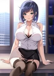 bare_shoulders black_bra black_garter_straps black_legwear black_panties black_stockings blue_hair blush cleavage earrings female_only footwear genshin_impact green_eyes hair_between_eyes harimoji large_breasts looking_at_viewer medium_hair miniskirt panties pantyshot pantyshot_(sitting) solo_focus thick_thighs thighhighs thighs uncensored underwear white_shirt wide_hips yelan_(genshin_impact)