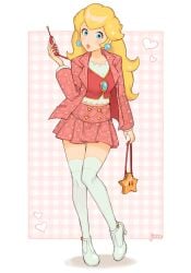 1girls blonde_hair blue_eyes breasts brooch cellphone coat earrings flip_phone high_heels holding_purse jivke long_hair looking_at_viewer mario_(series) medium_breasts nintendo painted_fingernails phone plaid plaid_skirt princess_peach purse school_uniform thighhighs