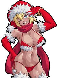 1girls 2019 bangle bikini blonde_hair blue_eyes breasts christmas cleavage fonao gloves hand_on_hip hat large_breasts liresline long_gloves navel one_eye_closed original red_bikini santa_hat scarf side-tie_bikini smile standing tagme thighhighs thighs