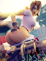 1girls 3d arm_tattoo ass ass_grab black_lipstick blue_eyes brown_hair dat_ass female female_only fortnite gloves pants_down sixser solo tattoo tntina tntina_(ghost) weapon