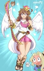 2girls angel angel_wings blue_eyes blush blush_lines blushing bow_(weapon) breasts brown_hair chibi crossover embarrassed female female_only gender_transformation karbuitt kid_icarus kid_icarus_uprising long_hair mario_(series) medium_breasts medium_hair new_super_mario_bros._u_deluxe nintendo nose_bleed pink_shorts pink_tank_top pit_(kid_icarus) rule63 super_crown thick_thighs viridi