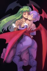 2demons 2girls absurd_res ass bangs bat_print black_background blue_pantyhose blunt_bangs capcom clothing darkstalkers demon_wings female female_only fingers_interlocked gauntlets green_eyes green_hair hand_holding head_wings incest leotard lilith_aensland long_hair looking_at_viewer looking_back looking_back_at_viewer morrigan_aensland no_shoes one_eye_closed pantyhose piku184 purple_eyes purple_hair purple_pantyhose short_hair sisters smiling succubi succubus succubus_costume succubus_wings thick_thighs wings yuri