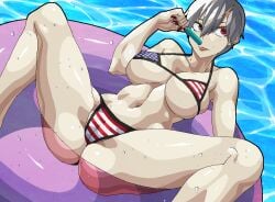 1girls 2018 american_flag_bikini ass bikini breasts cameltoe food heterochromia innertube large_breasts liresline long_nails navel on_back original painted_nails popsicle print_bikini short_hair silver_hair spread_legs tagme thighs tongue tongue_out underboob wet