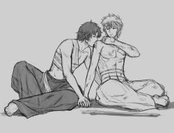 2boys bandages full_body gintama gintoki_sakata hakama hangleing holding_hands injury licking looking_at_another looking_back male male_only monochrome sakamoto_tatsuma samurai sitting sketch topless topless_male wounded yaoi