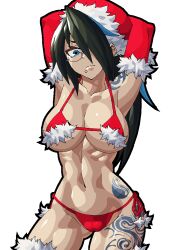 1girls arms_above_head arms_behind_head bikini black_hair blue_eyes breasts christmas ear_piercing glasses gloves hair_over_one_eye hat large_breasts lip_piercing liresline long_gloves long_hair navel original piercing red_bikini santa_hat shuigui side-tie_bikini tagme tattoo thighhighs thighs