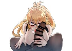 1boy 1girls black_bikini_top blonde_hair blue_eyes blush censor_bar censored censored_penis cock_in_hand cock_worship covered_breasts dark-skinned_male dark_skin fate/grand_order fate_(series) glasses holding_penis huge_breasts huge_cock interracial jeanne_d'arc_(fate) jeanne_d'arc_(swimsuit_archer) kneeling kohakv large_breasts licking_penis light-skinned_female light_skin long_hair looking_at_viewer submissive_female sweat white_female